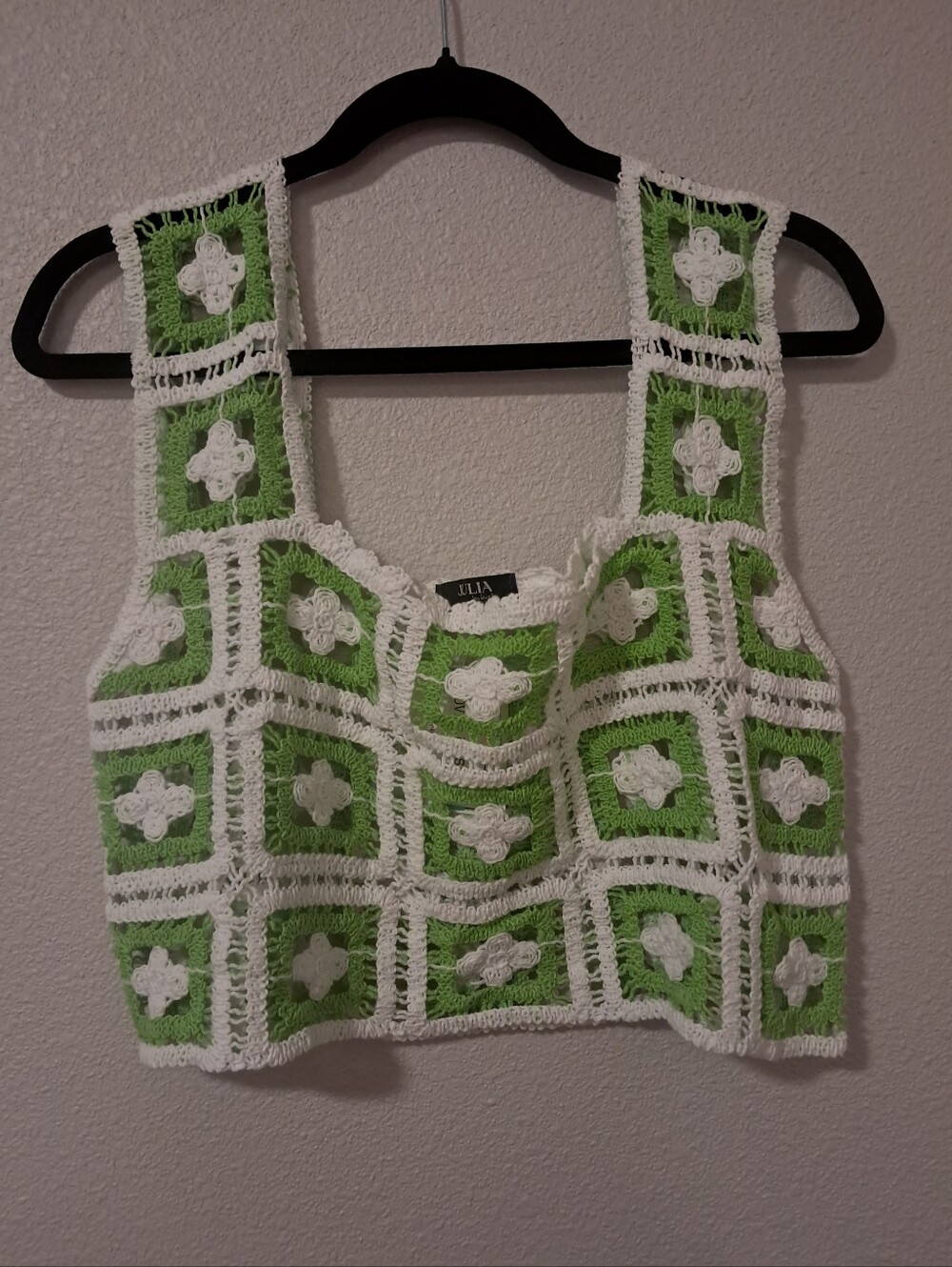NWT Love Lavishly Lime Green and White Crochet Square-Panel Crop Top Sweater 😍